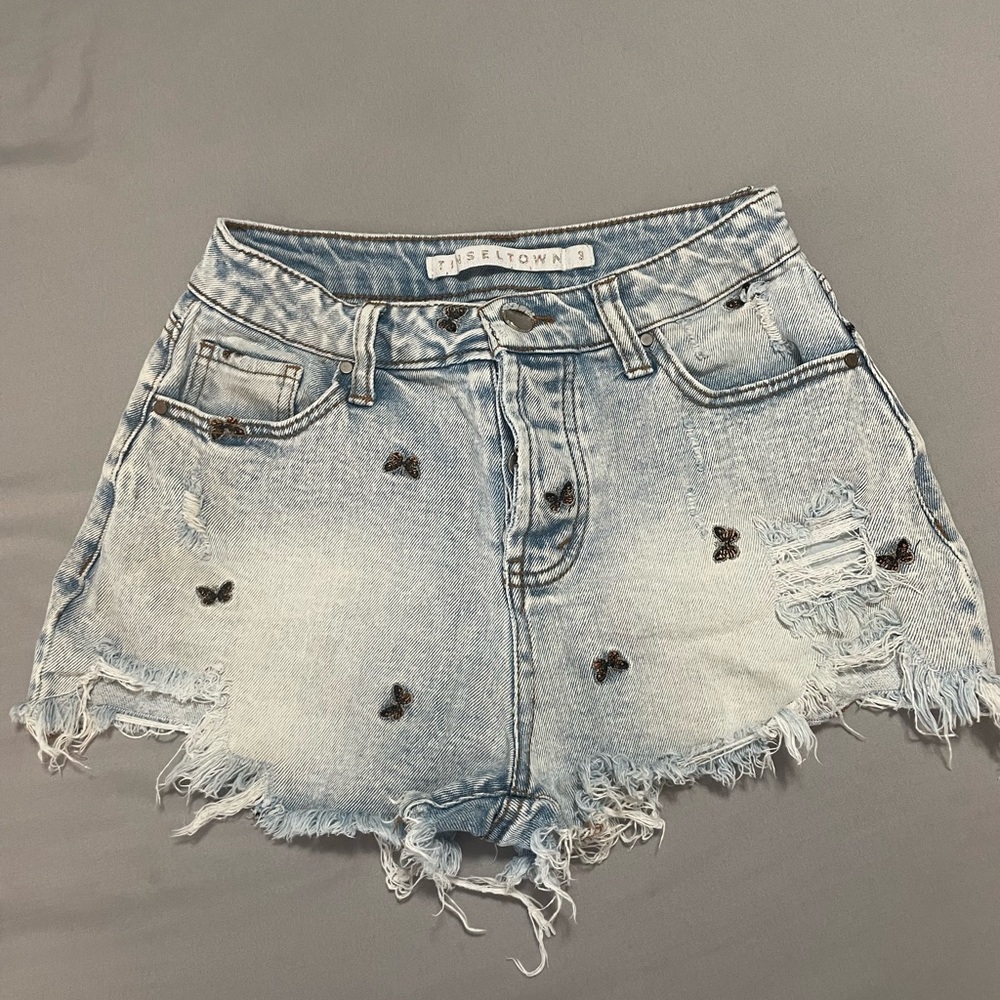 Tinseltown 🦋 Blue Distressed & Embroidered High Rise Mom Jean Shorts